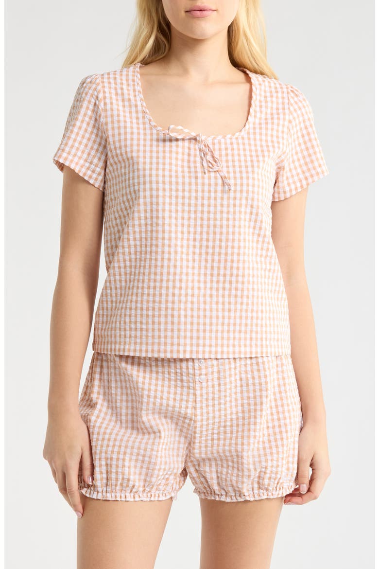 Gingham Seersucker Bloomer Short Pajamas, Main, color, TAN COMBO