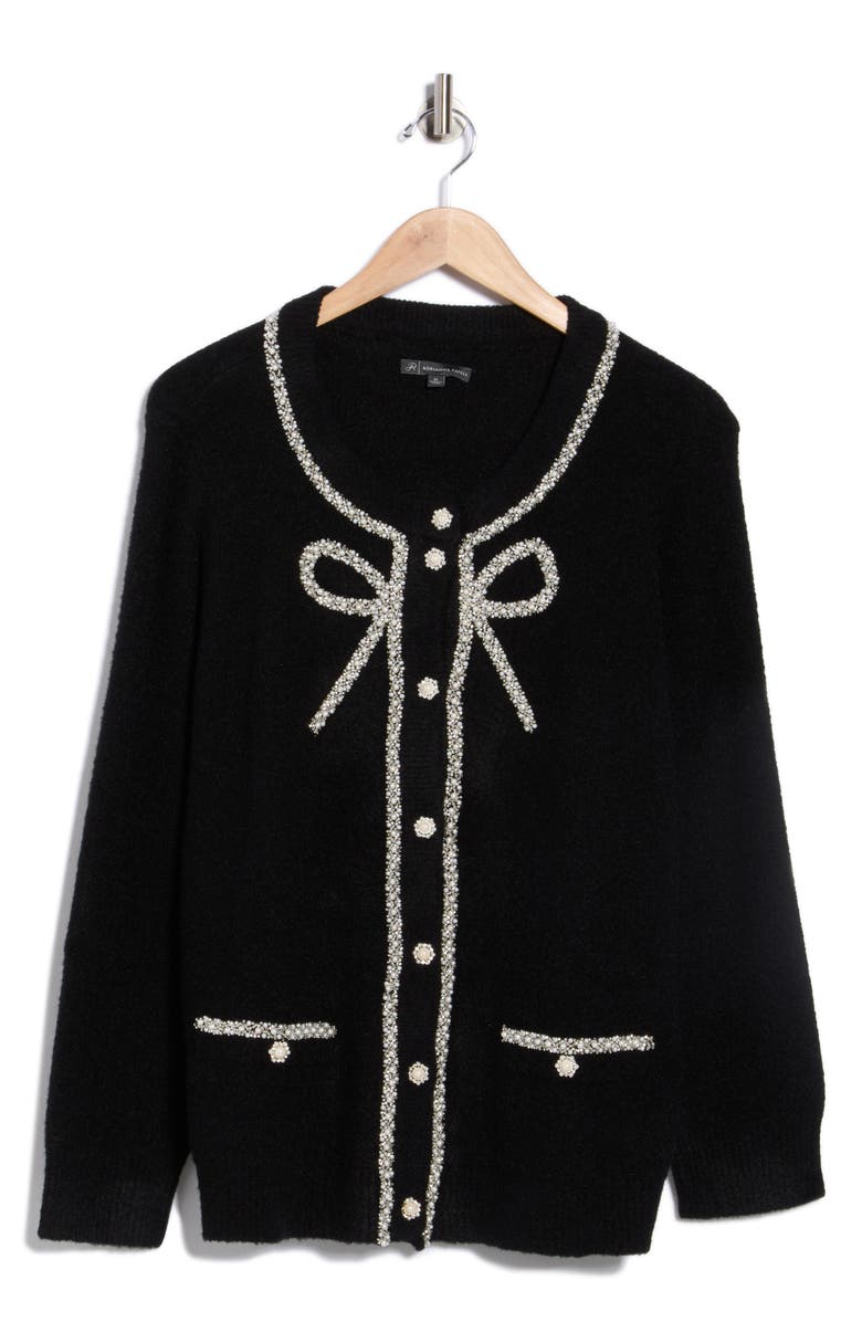 Adrianna Papell Faux Pearl Bow Cardigan, Main, color, Black