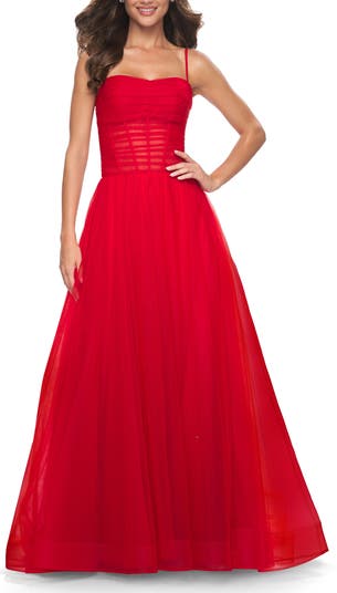 A-line Square Neck Tulle Ballgown with Illusion Waist