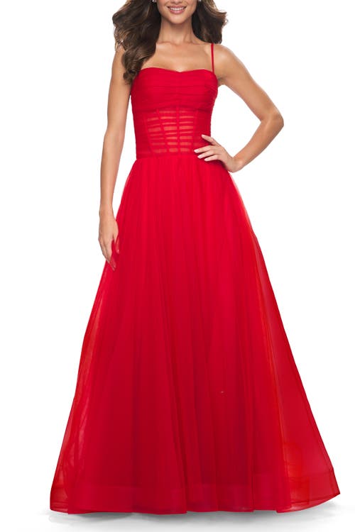 La Femme A-line Square Neck Tulle Ballgown With Illusion Waist