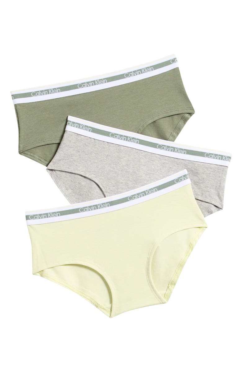 Calvin Klein Kids' Assorted 3-Pack Varsity Stretch Cotton Hipster Briefs, Main, color, Jade/ Yellow/ Heather Grey
