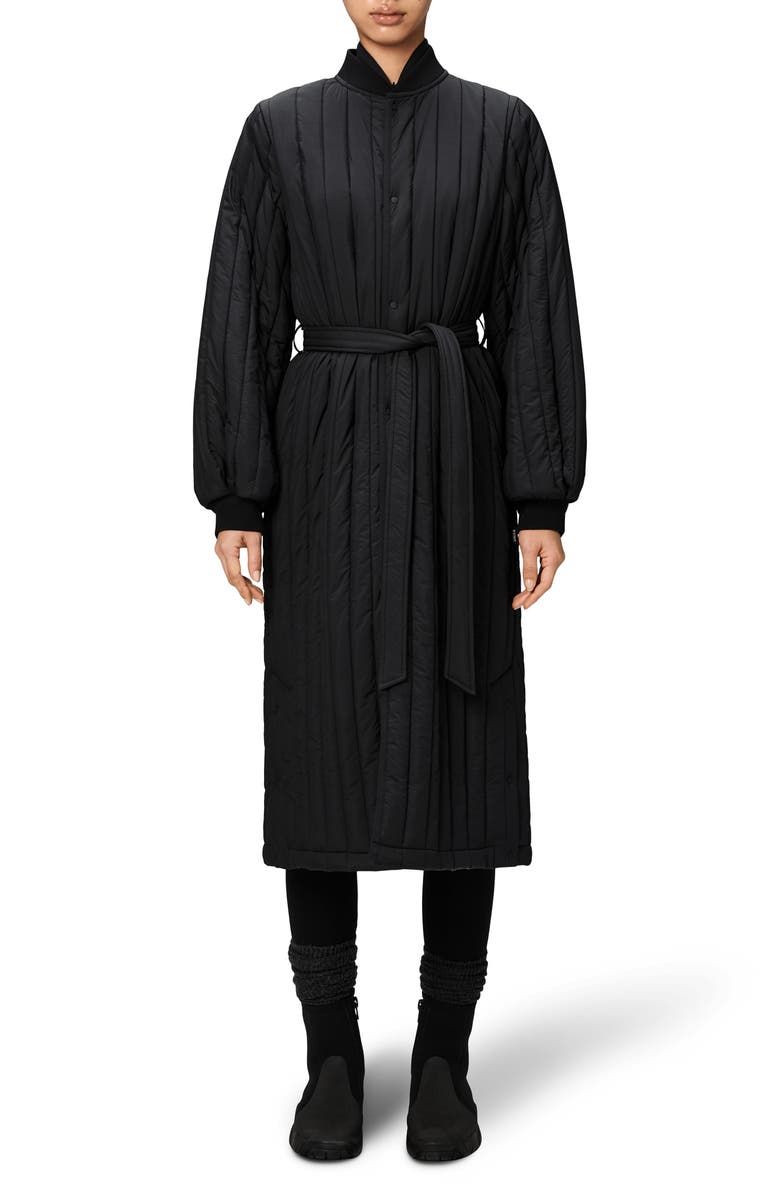Rains Banja Belted Quilted Liner Coat, Main, color, Black