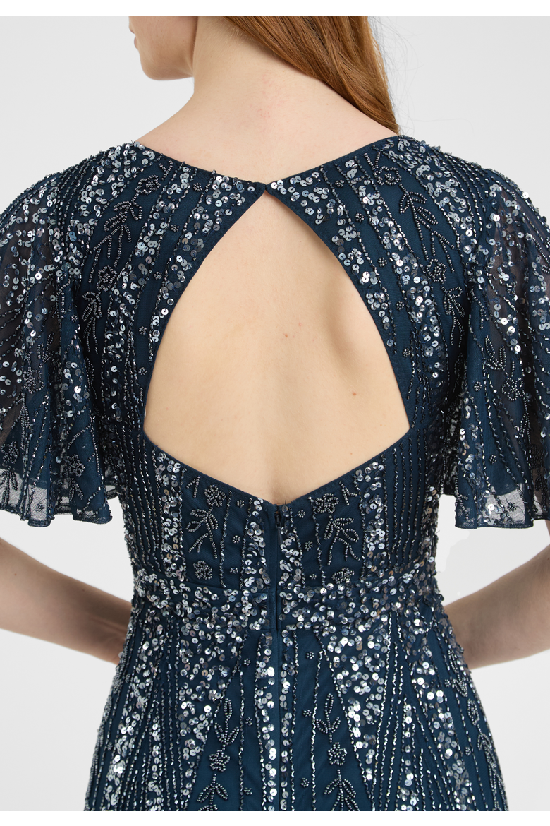 Embellished Sequin Beaded Maxi Dress With Flutter Sleeve, Alternate, color, NAVY