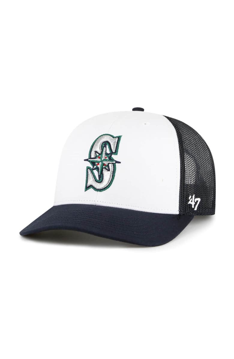 '47 Men's '47 White/Navy Seattle Mariners Freshman Trucker Adjustable Hat, Main, color,