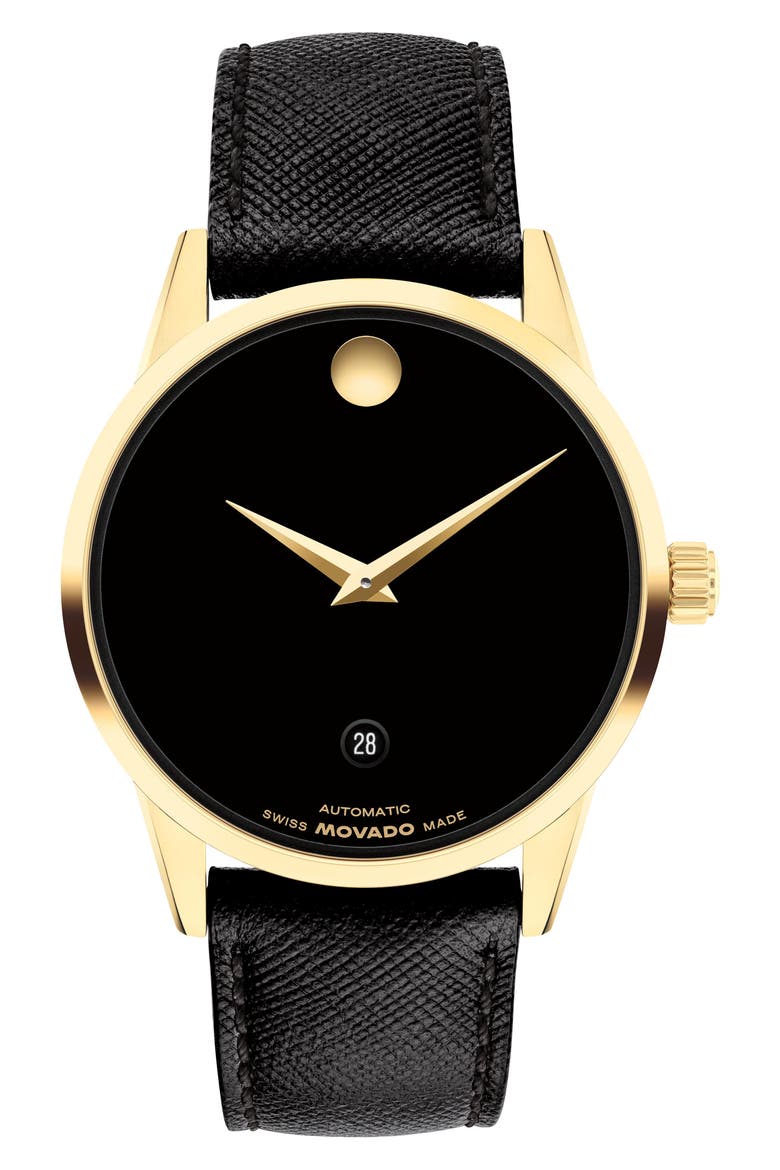 Museum Classic Automatic Leather Strap Watch, 40mm, Main, color, BLACK/ GOLD