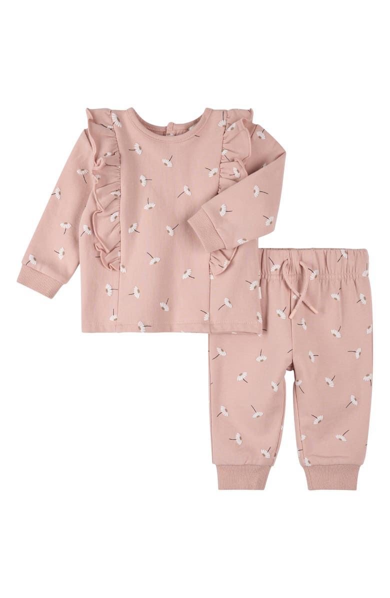 FIRSTS by Petit Lem Daisy Print Cotton Ruffle Sweatshirt & Joggers Set, Main, color, Pink