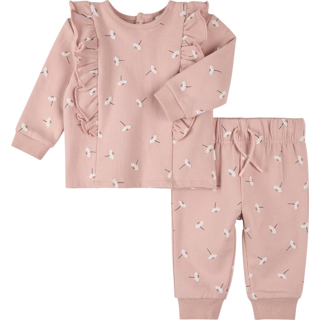 Firsts By Petit Lem Daisy Print Cotton Ruffle Sweatshirt & Joggers Set In Pink