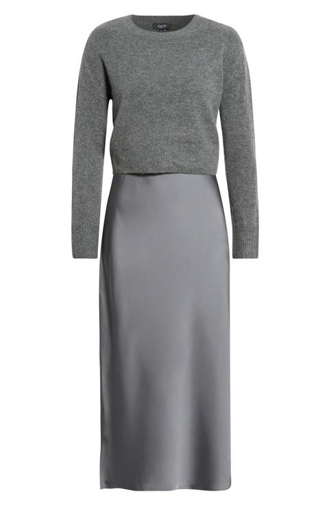 Long Sleeve Mixed Media Midi Dress