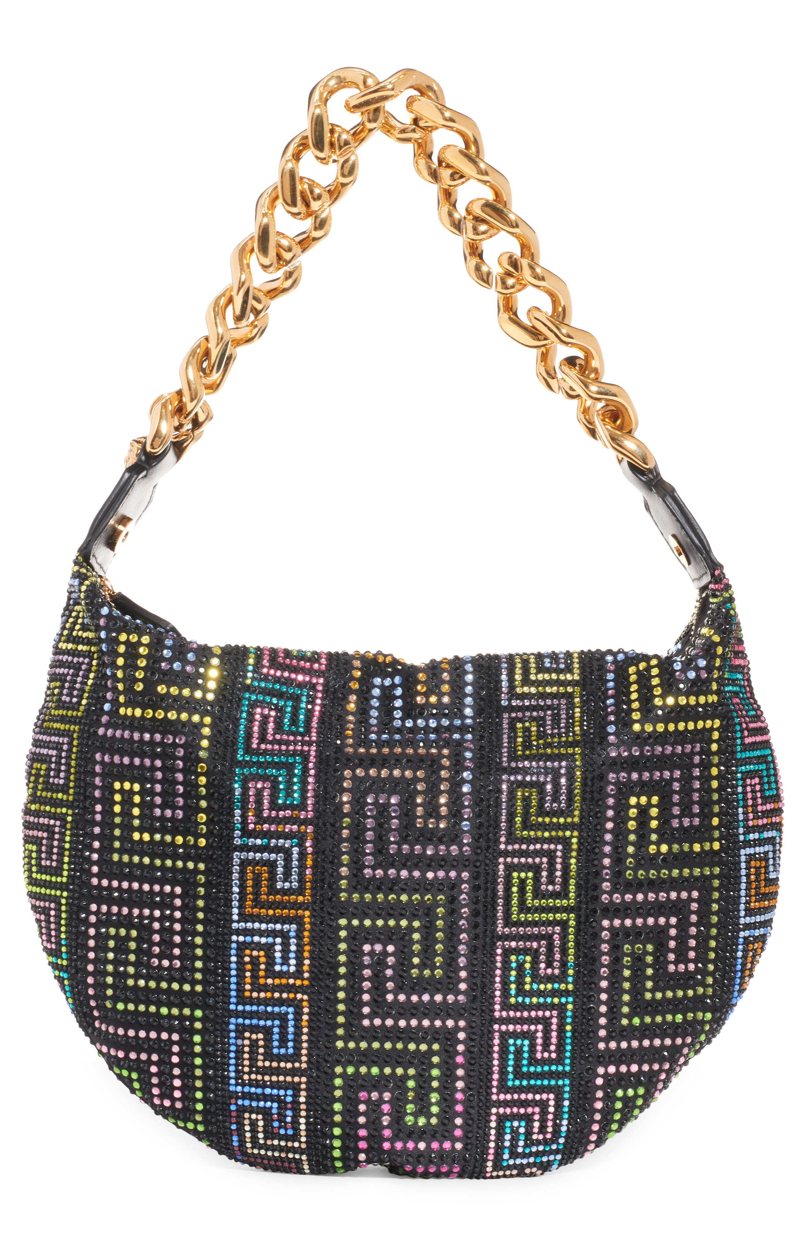 Versace Greca Crystal Embellished Convertible Hobo Bag, Main, color, 