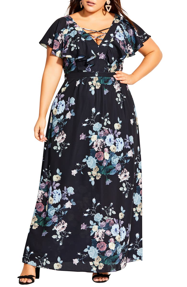 City Chic Flutter Sleeve Floral Print Maxi Dress, Main, color, 