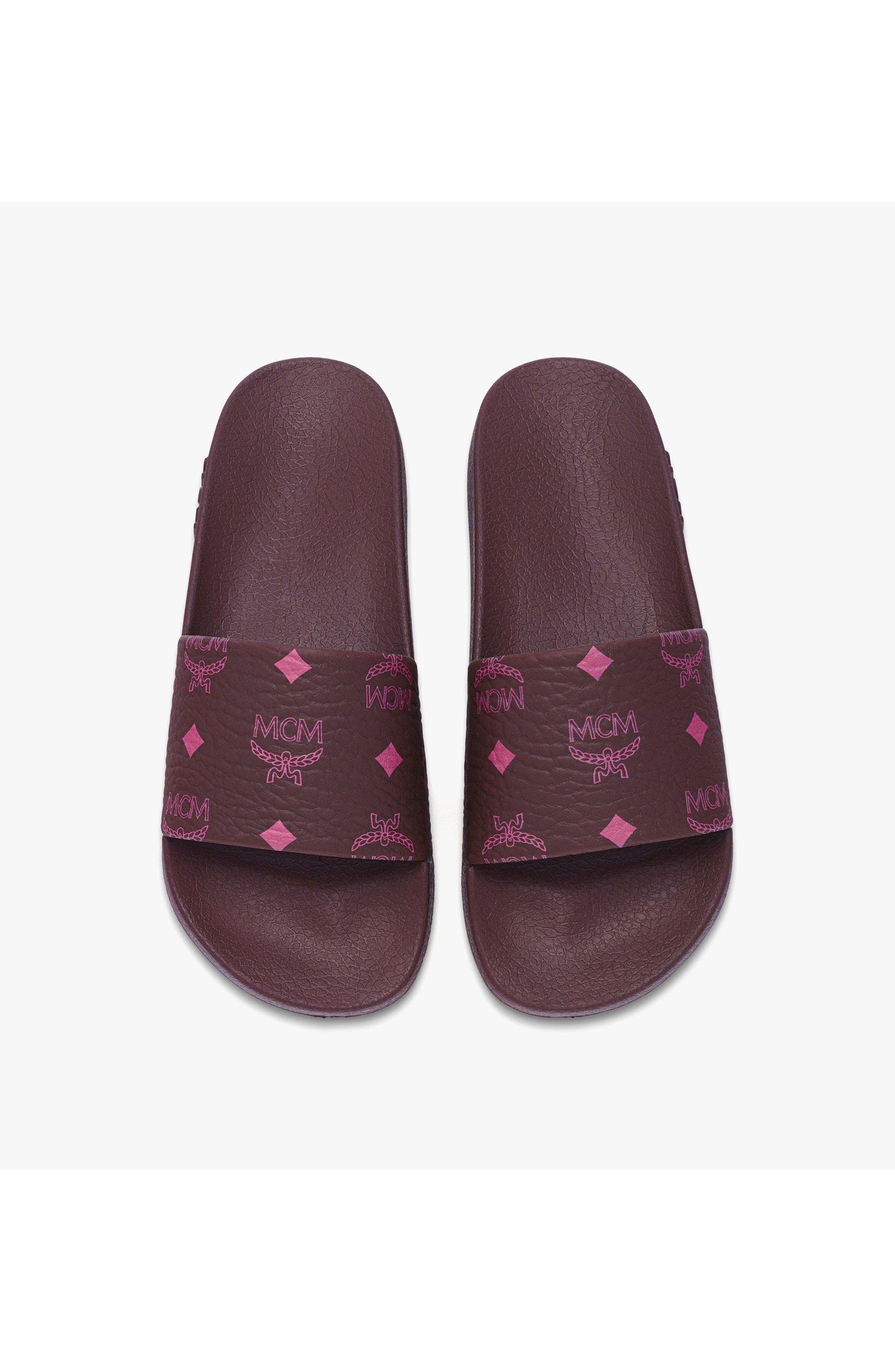 MCM Women's Monogram Print Rubber Slides, Alternate, color, Cinnamon