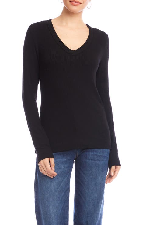 Rib V-Neck Long Sleeve Top