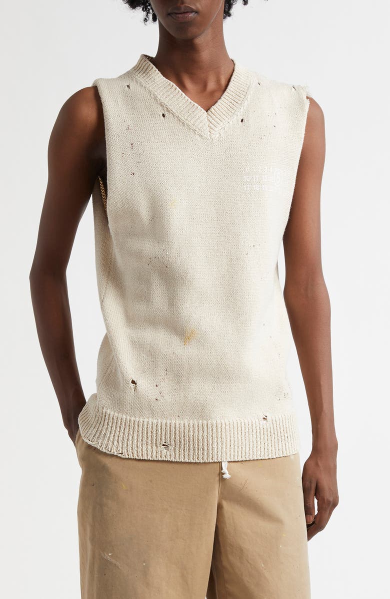 MM6 Maison Margiela Distressed Cotton Blend Sweater Vest, Main, color, 