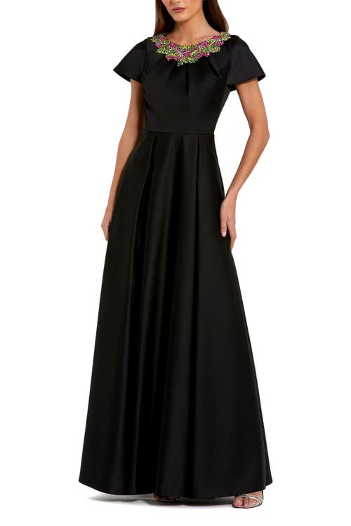 Mac Duggal Satin Flutter Sleeve Beaded Neckline Gown In Black