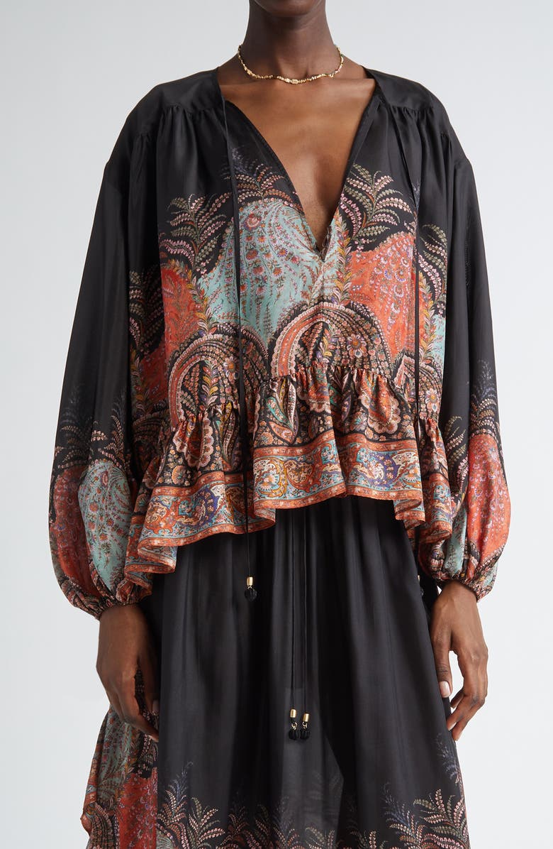 Zimmermann Rhiannon Ruffle Billow Top, Main, color, Black Paisley
