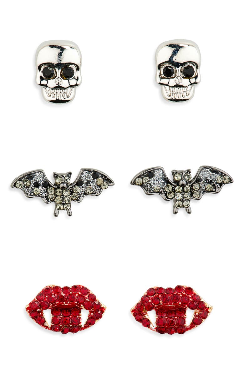 BaubleBar Set of Three Halloween Stud Earrings, Main, color, Silver/ Black/ Red Assorted