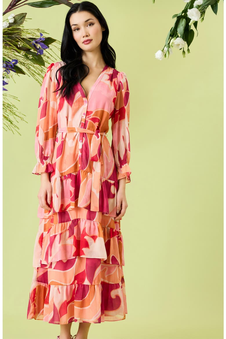 Tie Waist Long Sleeve Tiered Maxi Dress, Alternate, color, CREAM/ MAGENTA