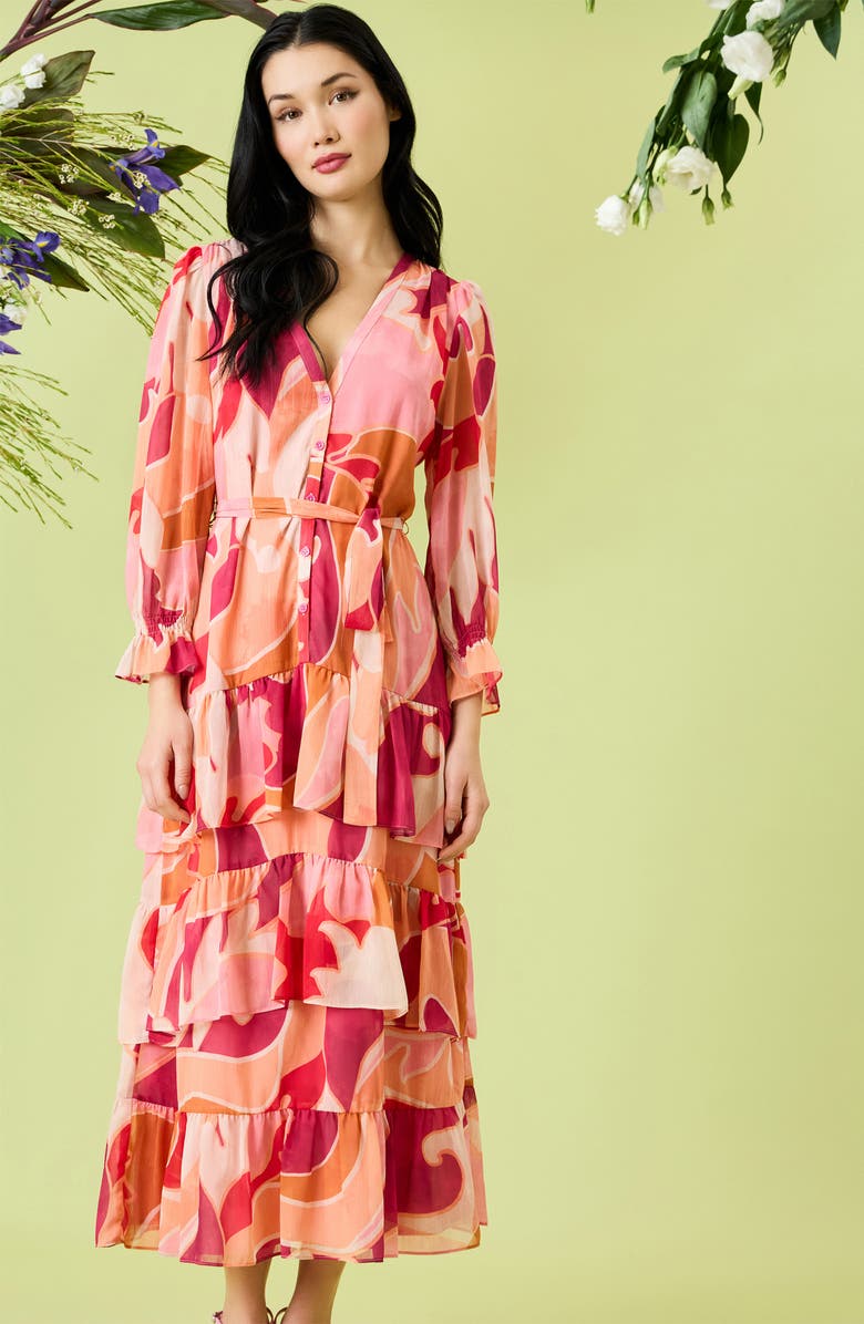 Donna Morgan Long Sleeve Ruffle Tiered Maxi Dress, Alternate, color, Cream/ Magenta