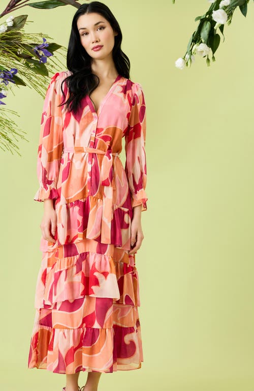 Donna Morgan Long Sleeve Ruffle Tiered Maxi Dress In Pink