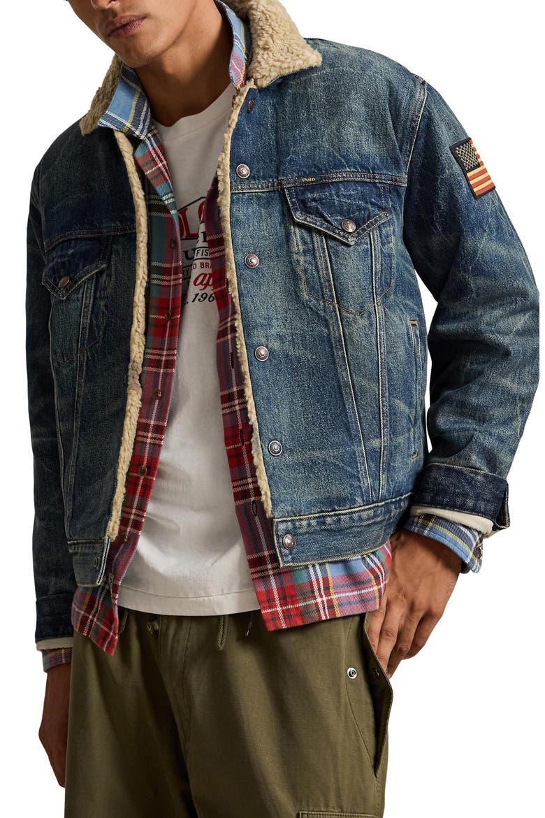 Rigid Fleece Lined Denim Trucker Jacket, Main, color, BLUE