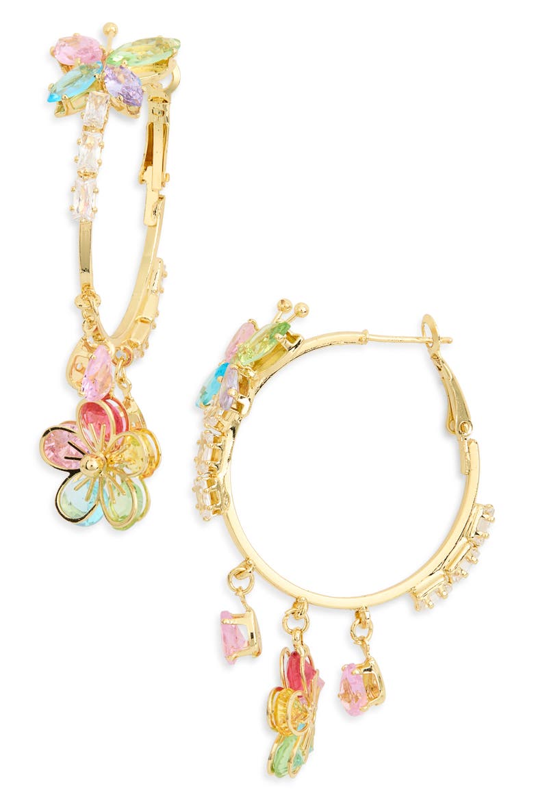 Karmen Flower Dangle Hoop Earrings, Main, color, GOLD/ PINK MULTI