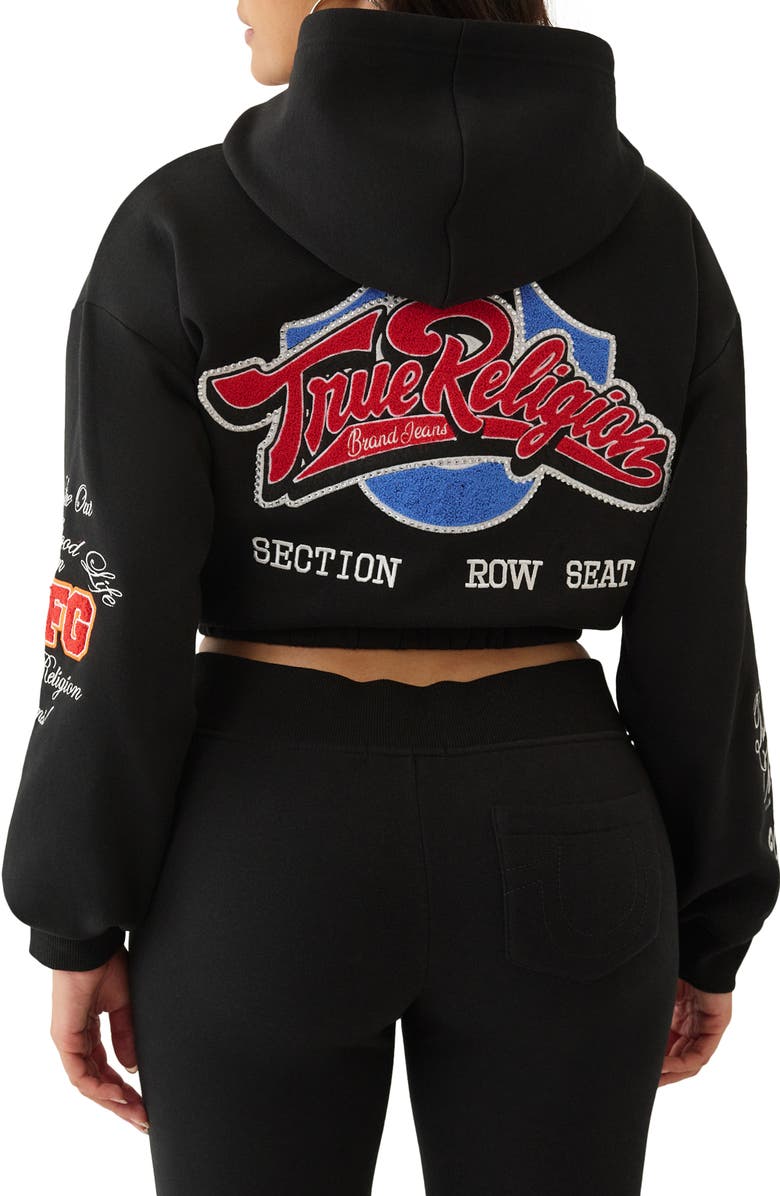 True Religion Front Zip Cotton Blend Crop Hoodie, Alternate, color, Jet Black