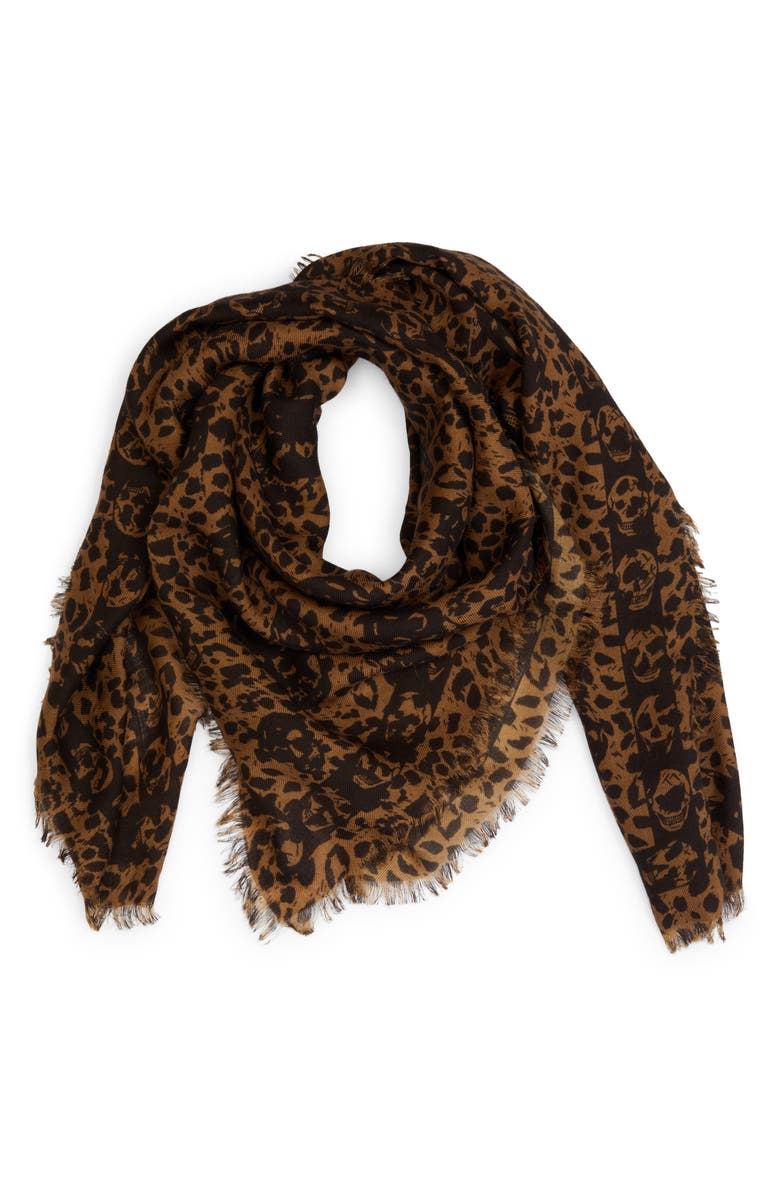 McQueen Leopard Skull Wool Fringe Scarf, Alternate, color, 