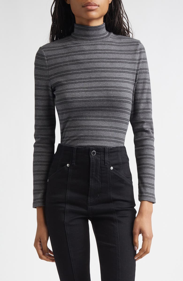 Veronica Beard Nate Stripe Turtleneck Cotton Blend Top, Main, color, Heather Grey Black Lurex