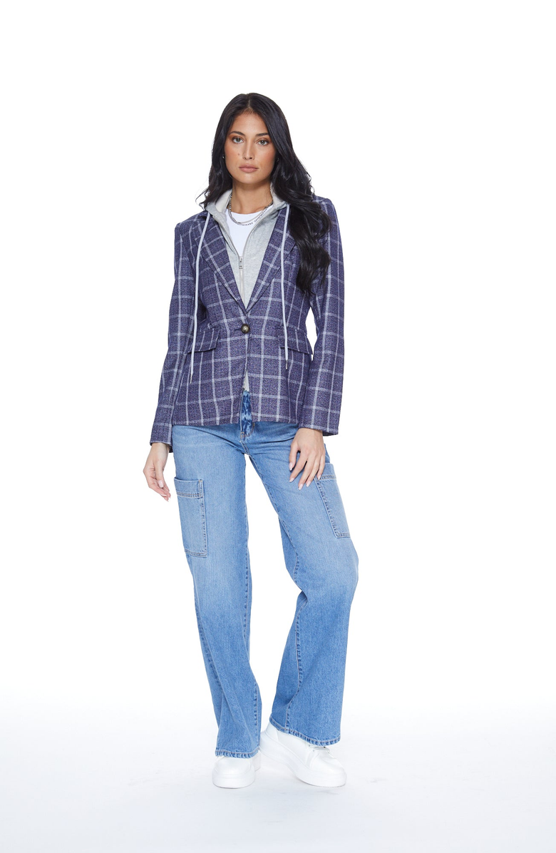 BLUE REVIVAL Hooded Helen Blazer in Navy Plaid and Heather Cement, Alternate, color, Navy Plaid / Heather Cement