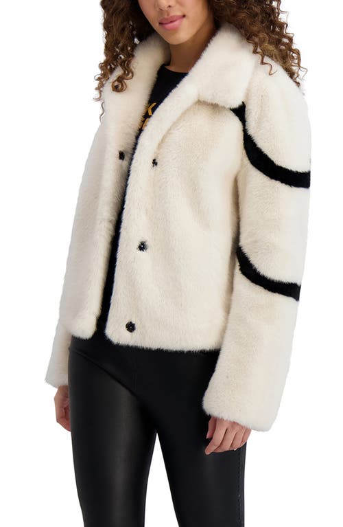 Karl Lagerfeld Stripe Short Faux Fur Coat In White