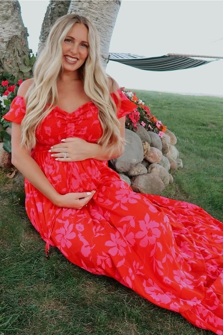 Floral Smocked Cinched Top Maxi Dress, Alternate, color, Red