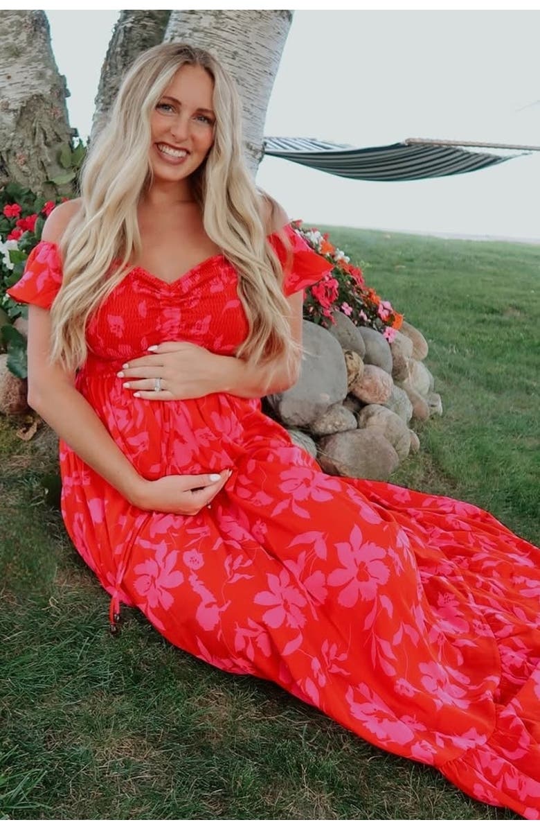 PinkBlush Floral Smocked Cinched Top Maxi Dress, Alternate, color, Red