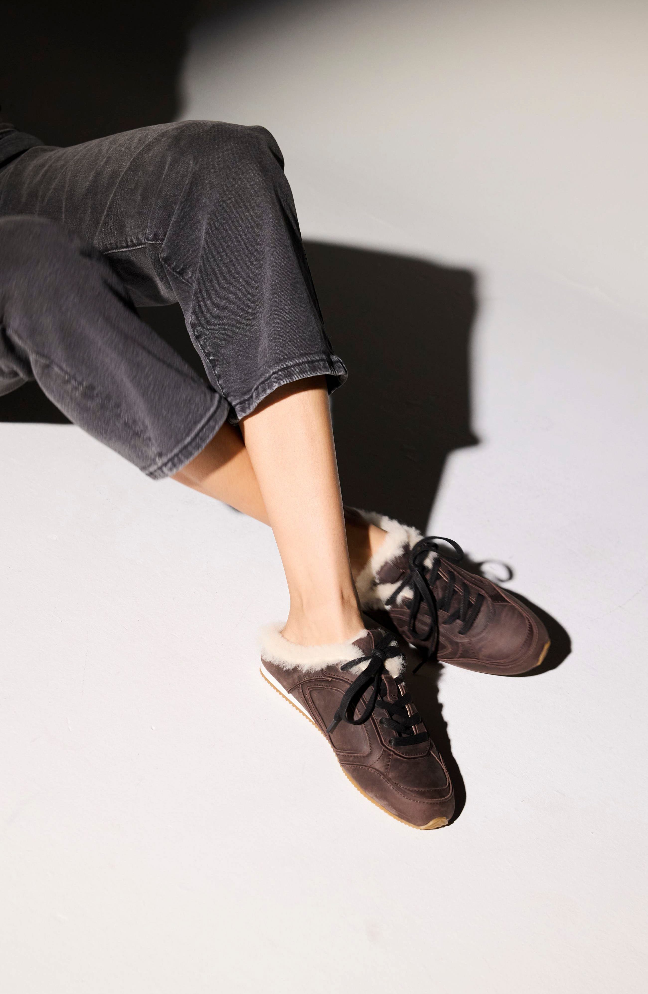 Uptown Slide Sneaker with Faux Fur Trim, Alternate, color, BROWN