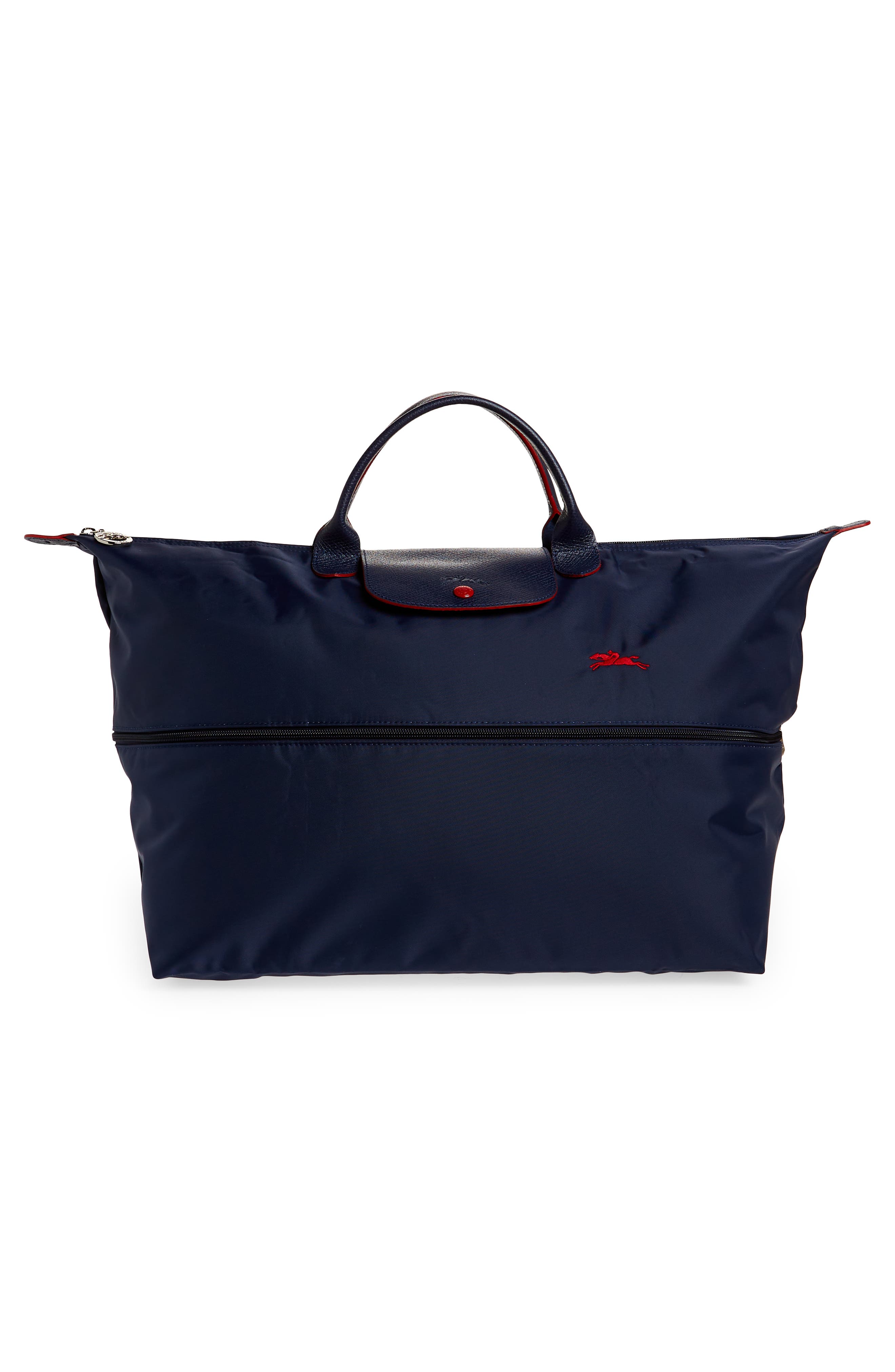 Large Le Pliage Recycled Canvas Travel Bag, Alternate, color, E24 NAVY /VERMILION