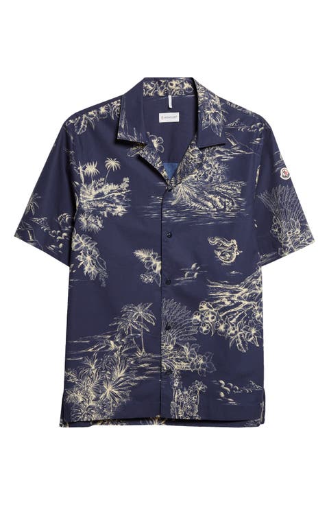 Tropical Print Short Sleeve Cotton Poplin Snap-Up Shirt