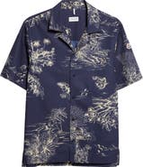 Moncler Tropical Print Short Sleeve Cotton Poplin Snap-Up Shirt