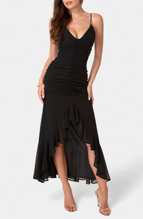 Cascading Ruffle Ruched Chiffon High-Low Dress