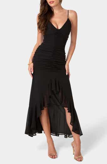 bebe Cascading Ruffle Ruched Chiffon High-Low Dress