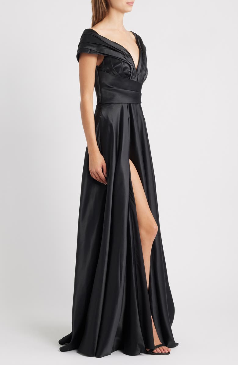 Sonya Moda Elara Plunge Neck Satin Gown, Alternate, color, Black