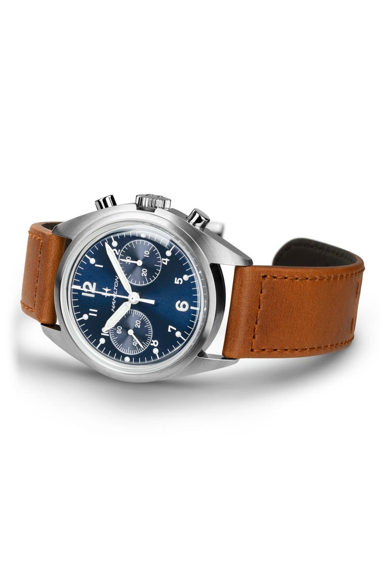 Khaki Aviation Pilot Pioneer Leather Strap Watch, 40mm, Alternate, color, BLUE