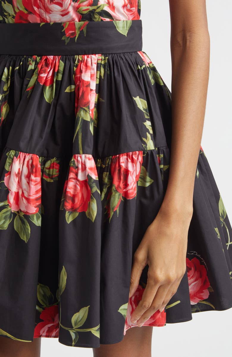Dolce&Gabbana Rose Bouquet Pleated Cotton Poplin A-Line Miniskirt, Alternate, color, Bouquet Rose F.nero