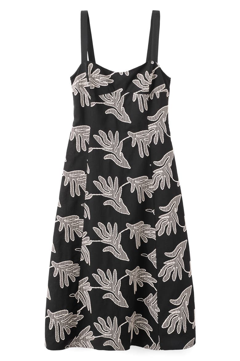 Embroidered A-Line Midi Dress, Main, color, BLACK
