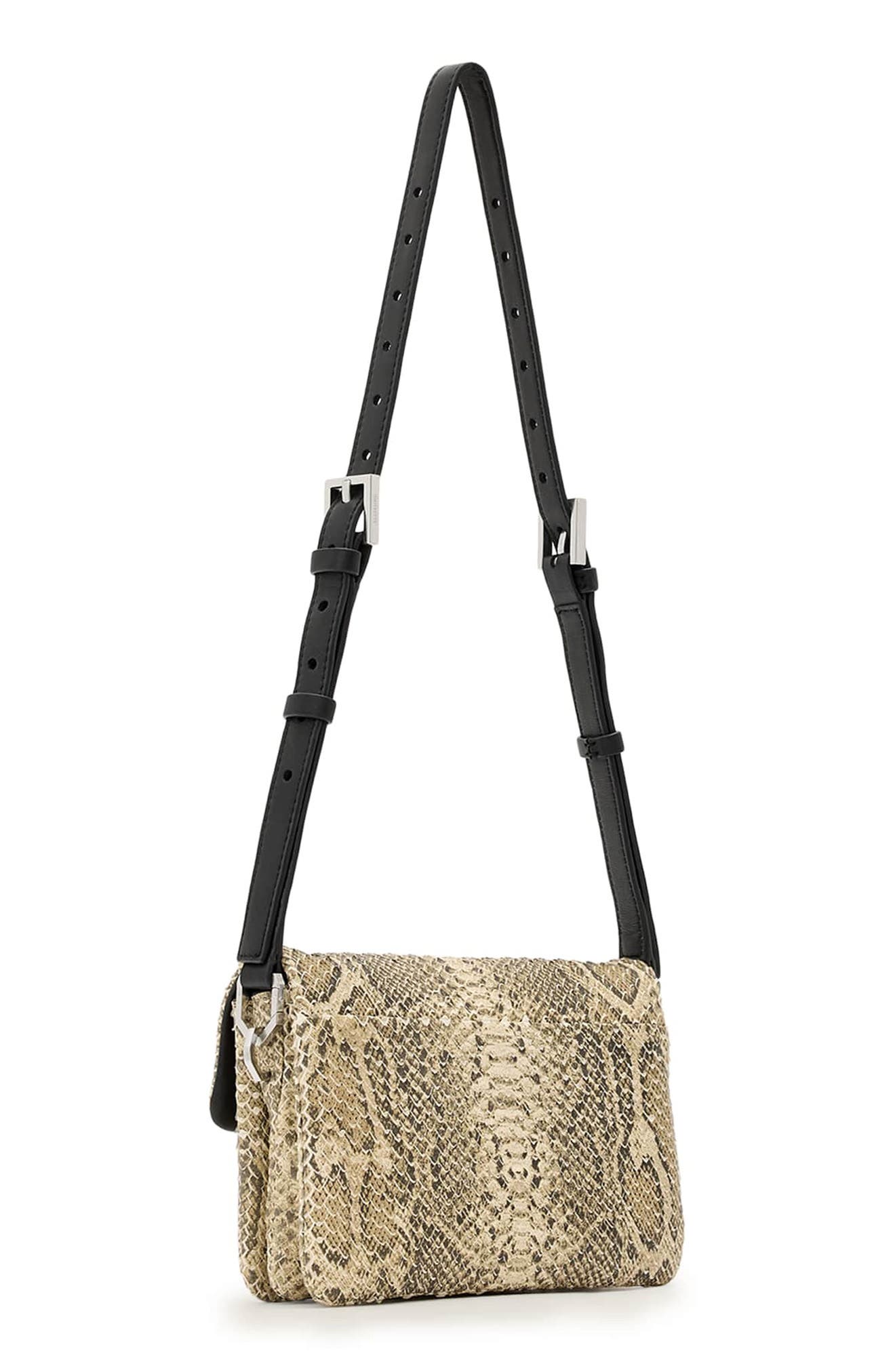 AllSaints Jupiter Snakeskin Embossed Leather Crossbody Bag, Alternate, color, Desert White