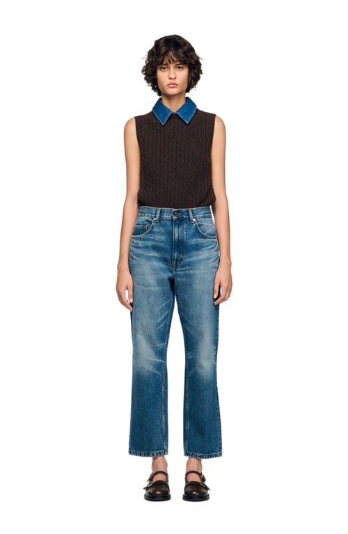 Sandro Womens Brown Denim-collar Ribbed Sleeveless Wool-blend Jumper In Brown