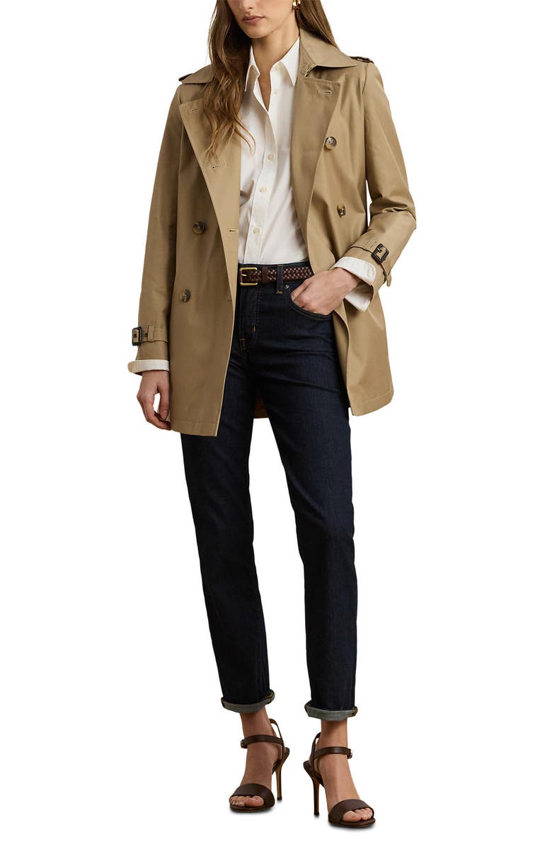 Lauren Ralph Lauren Short Double Breasted Trench Coat, Alternate, color, Birch Tan