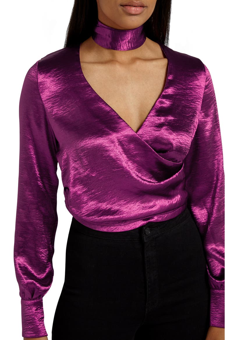 Choker Collar Faux Wrap Blouse, Alternate, color, FUCHSIA