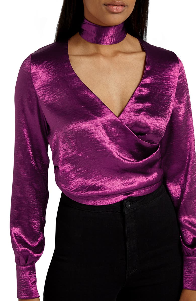 Missguided Choker Collar Faux Wrap Blouse, Alternate, color,