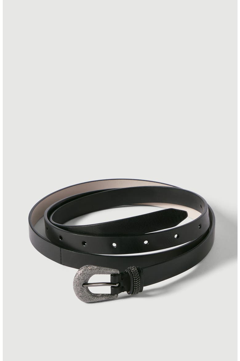 Vintage-effect leather belt with shimmering buckle and shiny loop, Alternate, color, Black