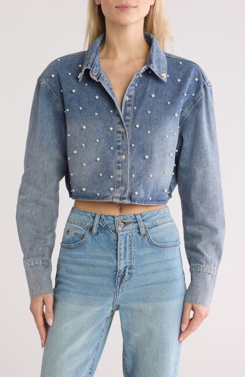Faux Pearl Denim Shirt Jacket