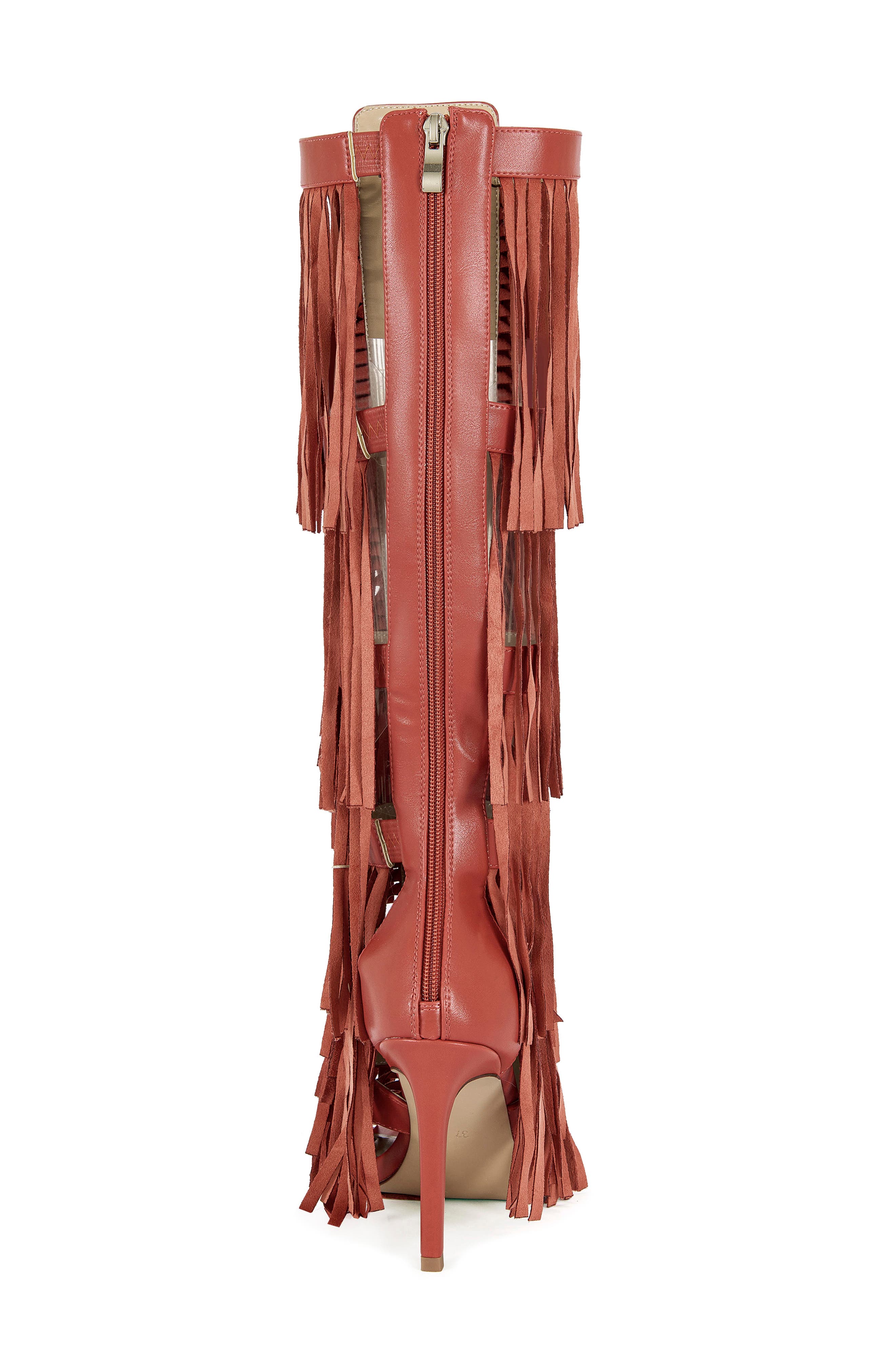 Amadeo Knee High Fringe Sandal, Alternate, color, RED